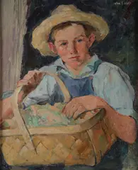 Farm Boy in a Straw Hat with Basket of Produce by John Thomas Nolf, Oil on canvas, sold Nov 2018