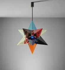 Arredoluce, Rare ceiling light, 1960s, Acrylic, brass