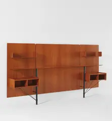 Wall unit by Gio Ponti, circa 1950, Sapele-veneered wood, painted steel, sold Jun 2019