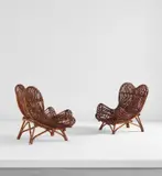 Franco Albini and Ezio Sgrelli, Pair of adjustable "Gala" armchairs, circa 1951, Stained rattan, Indian cane