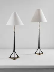 Cesare Lacca, Two floor lamps, circa 1949, Painted wood, brass, fabric shades