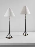 Cesare Lacca, Two floor lamps, circa 1949, Painted wood, brass, fabric shades