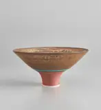 Bowl by Lucie Rie, circa 1983, Porcelain, golden manganese glaze with terracotta and turquoise bands, sold Jun 2019