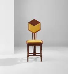 "Peacock" side chair by Frank Lloyd Wright, circa 1916, Oak, vinyl upholstery, sold Jun 2019