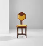 Frank Lloyd Wright, "Peacock" side chair, circa 1916, Oak, vinyl upholstery