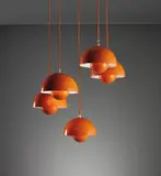 Verner Panton, Set of five “Flower Pot” ceiling lights, model no. 16562, circa 1968, Painted steel, painted aluminum, fabric cord