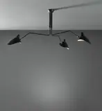 Serge Mouille, Three-armed adjustable ceiling light with "Casquette" shades, circa 1958, Painted aluminum, painted steel, brass