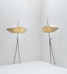 Félix Agostini, Pair of "Titus" wall lights, circa 1960, Bronze, paper shades