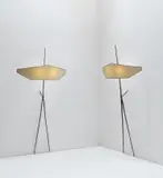 Félix Agostini, Pair of "Titus" wall lights, circa 1960, Bronze, paper shades