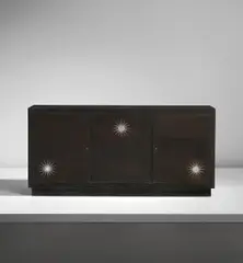 Eckart Muthesius, Important sideboard, from the Maharaja of Indore's Banquet Hall, Manik Bagh Palace, Indore, circa 1931, Stained American walnut-veneered wood, stained American walnut, sycamore, nickel silver drawer handles, white metal inlays