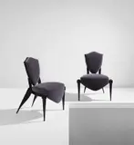 André Dubreuil, Pair of "Trévise" chairs, circa 1988, Painted aluminum, painted steel, mohair