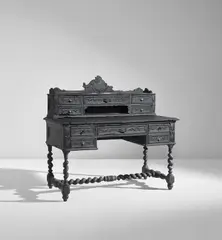 Maarten Baas, Unique "Smoke" writing desk, 2013, Charred pre-existing writing desk, clear epoxy resin, brass