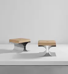 Michel Boyer, Pair of "X" stools, circa 1968, Stainless steel, vinyl