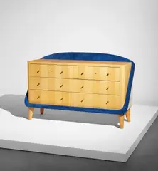 Jean Royere, Rare “Œuf” chest of drawers, circa 1956, Ash, ash-veneered wood, fabric, brass