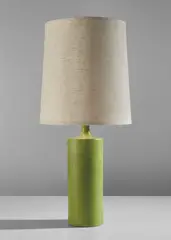 Georges Jouve, Table lamp, circa 1959, Glazed stoneware, brass, fabric shade