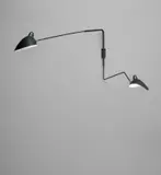 Serge Mouille, Two-arm angled wall light with one "Lampadaire" and one "Casquette" shade, circa 1954, Painted aluminum, painted steel, brass