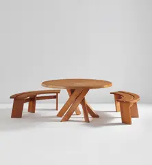 Table, model no. T21, and pair of benches, model no. S38 by Pierre Chapo, 1970s, Elm, sold Dec 2019