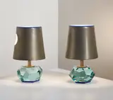 Max Ingrand, Pair of table lamps, model no. 2228, circa 1963, Crystal-cut glass, colored glass, nickel-plated brass