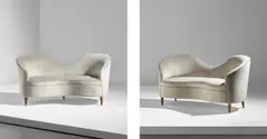 Pair of sofas by Gio Ponti, circa 1938, Walnut, fabric upholstery, sold Dec 2019