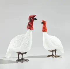Pair of "Tacchino" figures, model no. 412.0 by Toni Zuccheri, designed circa 1964, Murrina lattimo glass, bronze, sold Dec 2019
