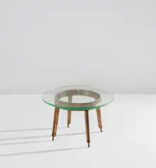 Low table by Melchiorre Bega, circa 1952, Walnut, glass, brass, sold Dec 2019