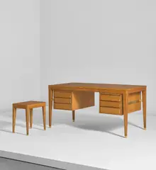 Desk and side table by Gio Ponti, circa 1950, Cherry-veneered wood, oak, brass, sold Dec 2019