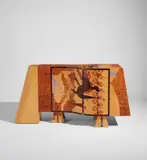 Unique cabinet by Alessandro Mendini and Giorgio Gregori, 1985, Macassar ebony, walnut burl, and sycamore-veneered wood, plastic laminate inlay, chromium-plated metal, sold Dec 2019