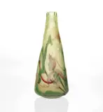 Beaker-form vase with irises by Burgun Schverer & Cie., circa 1900, Wheel-carved and martelé cameo glass with gilt and internal decoration, offered Dec 2019