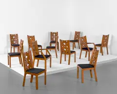 Claggett Wilson, Set of twelve dining chairs, circa 1930, Birds-eye maple and satinwood-veneered wood, fabric upholstery