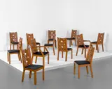 Claggett Wilson, Set of twelve dining chairs, circa 1930, Birds-eye maple and satinwood-veneered wood, fabric upholstery