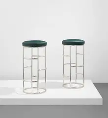 Eckart Muthesius, Pair of stools, designed for the Maharaja of Indore's Bar, Manik Bagh Palace, Indore, circa 1931, Nickel-plated steel, leather upholstery