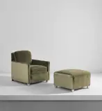 Gilbert Rohde, Rare armchair and ottoman, circa 1931, Fabric and vinyl upholstery, chromium-plated steel, chromium-plated metal, walnut