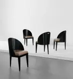 Hammond Kroll, Set of four side chairs, 1930s, Lacquered wood, chromium-plated metal, vinyl upholstery