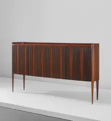 Sideboard by Paolo Buffa, 1950s, Brazilian rosewood-veneered wood, rosewood, cherry wood-veneered wood, mirrored glass, brass, sold Dec 2019