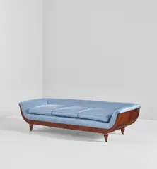 Sofa by Gio Ponti, circa 1930, Walnut-veneered wood, walnut, brass, fabric upholstery, sold Dec 2019