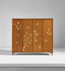 Giovanni Gariboldi, Bar cabinet, 1950s, Ash-veneered wood, brass inlay, walnut-veneered wood, glass, mirrored glass, frosted glass