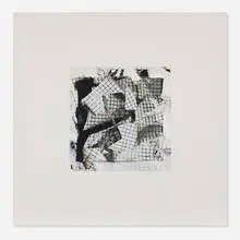 Larry Bell, Small Mirage Study #210, 1991, collage with aluminum and silicon monoxide on white canvas
