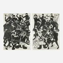 Michael Scoggins, Walrus and Ninja Rabbit (diptych), 2005, graphite, marker and Prismacolor colored pencil on paper