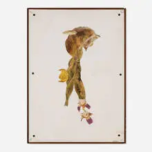 George Herms, Mysterious grace of an arc in space - Iris Firewaters, 1962, acrylic and offset lithograph collaged on wood panel in artist's frame