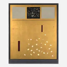 Eric Orr, Radio Play #9, 1987, gold leaf, transistor circuit boards, sand, and mixed media on panel in lead artist's frame