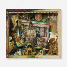 Wayne Nowack, Through These Faulted Fenestrations the Magic Owl Doth Pour Its Fountain Revelations, 1967, found object assemblage within painted wood box