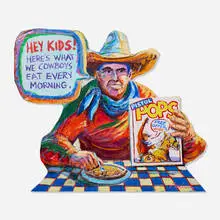 Larry Pirnie, Morning Chow, 1989, acrylic, paper and plastic collage on panel