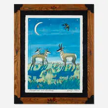 Jennifer Lowe, Pronghorns and Paintbrush, 1996, livestock marker on paper in artist's frame