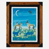 Jennifer Lowe, Pronghorns and Paintbrush, 1996, livestock marker on paper in artist's frame