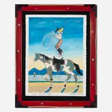 Jennifer Lowe, Trixie Jumps Rope, livestock marker on Arches in artist's frame with enameled steel, rope and painted wood
