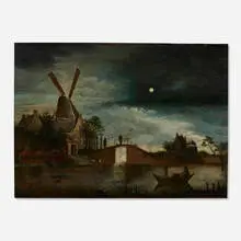 Aert van der Neer, Moonlit Landscape with Windmill, oil on wood panel