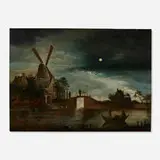 Aert van der Neer, Moonlit Landscape with Windmill, oil on wood panel
