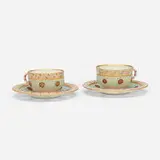 George Owen for Royal Worcester, Jeweled, reticulated and double-walled teacups with saucers, pair