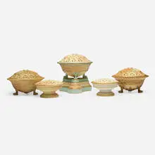 Royal Worcester and Grainger's Worcester, Collection of five gothic reticulated potpourris, glazed and gilt porcelain