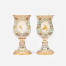 George Owen for Royal Worcester, Jeweled, reticulated and double-walled goblets with Japonesque cranes and trees, set of two